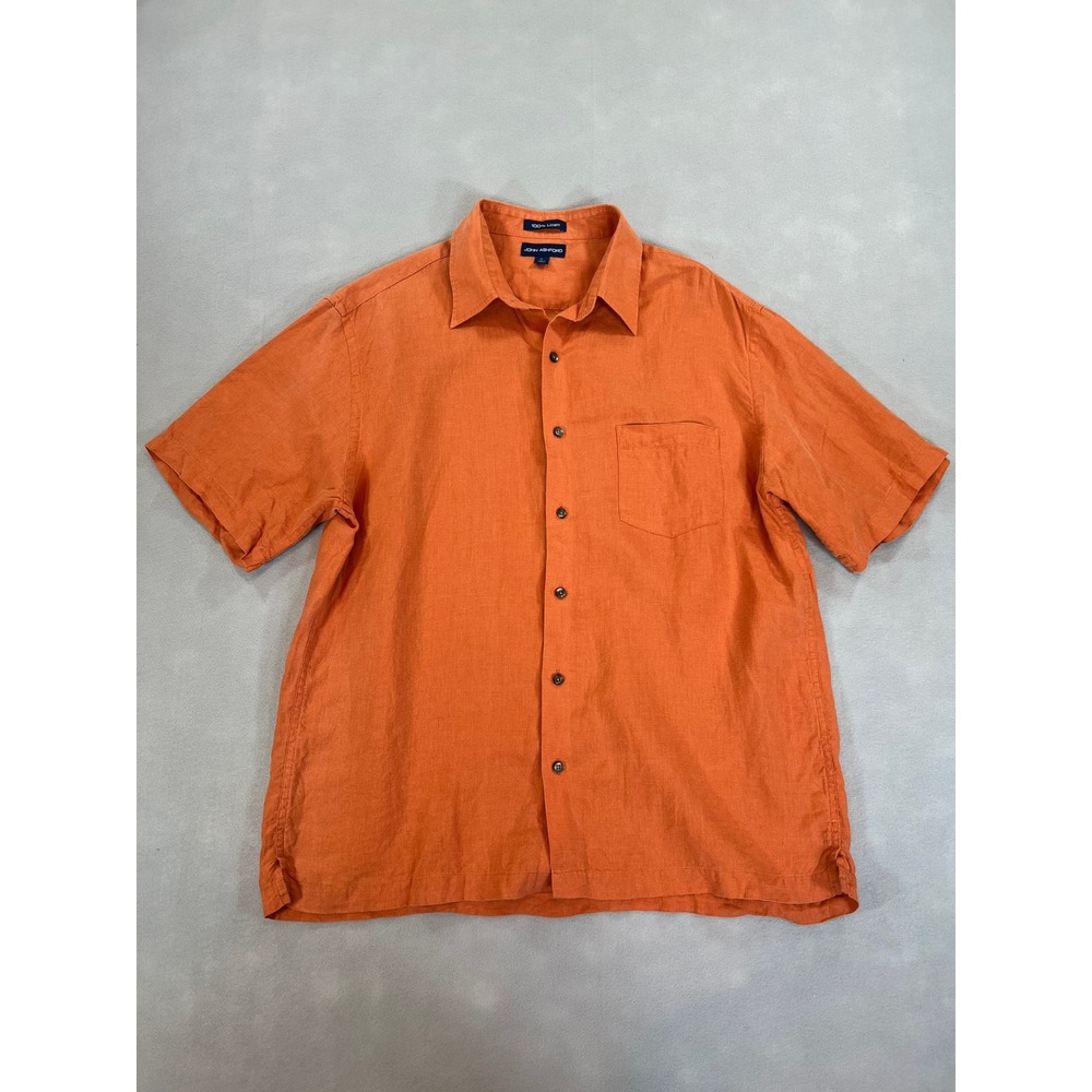 John Ashford Mens L Orange 100% Linen Short Sleeve Button Down Shirt Coastal